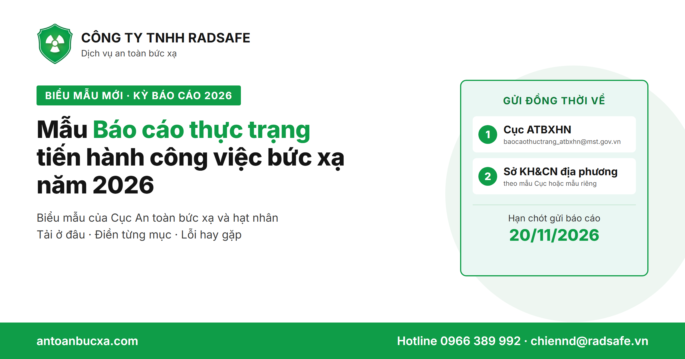 Mẫu báo cáo thực trạng tiến hành công việc bức xạ năm 2026 – gửi đồng thời Cục An toàn bức xạ và hạt nhân và Sở KH&CN, hạn 20/11/2026