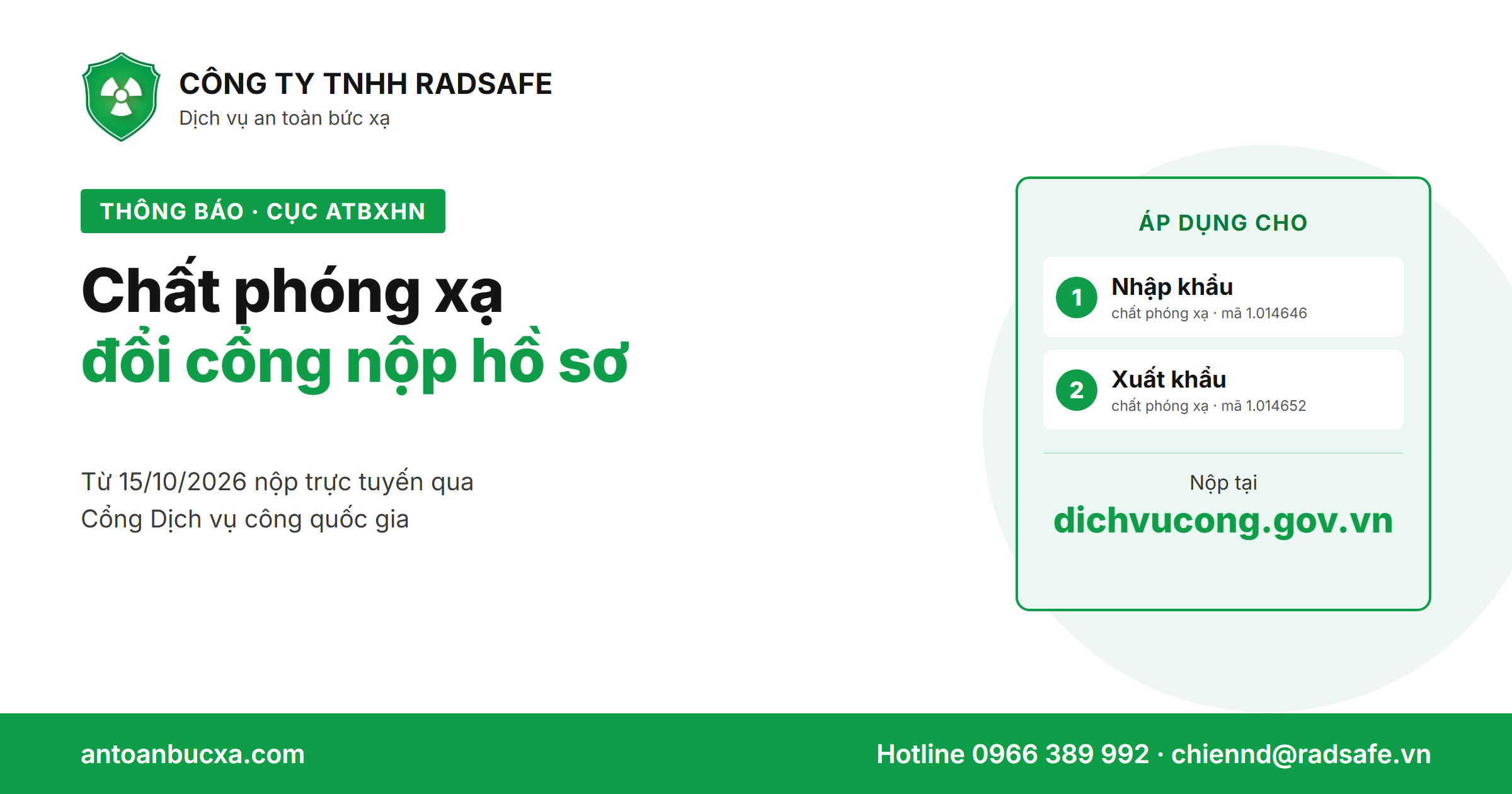 Từ 15/10/2026, nộp hồ sơ nhập khẩu, xuất khẩu chất phóng xạ qua Cổng Dịch vụ công quốc gia